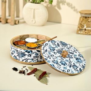 Caja de especias de madera con estampado floral azul recién llegada hecha a mano con tarros de especias de acero inoxidable a precio mayorista por HF CRAFTS - Product Image 4
