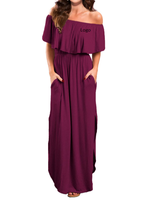 Robe longue d'été décontractée pour femme, à épaules dénudées, en tissu tissé, avec volants et poches, idéale pour la plage