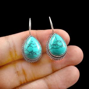 Premium Quality Blue Turquoise Gemstone Oval Cabochon Vintage Baho Solid 925 Sterling <b>Silver</b> Plated Dangle <b>Drop</b> Womens <b>Earring</b> - Product Image 3