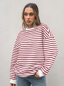 2025 nueva sudadera de gran tamaño para mujer, Sudadera con capucha de manga larga a rayas con cuello redondo bordado para el verano - Product Image 4