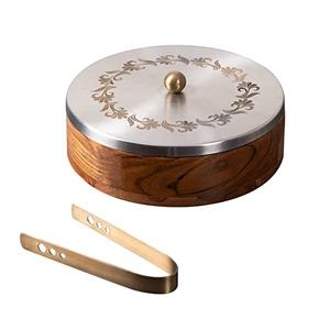 Vente chaude Cuivre Antique Finition Pot De Service Pour Récipient De Nourriture Arrondi En Bois Chapati Pot Base En Bois Couvercle Décoratif - Product Image 6