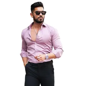 Camisa de algodão de manga comprida para homens, camisa formal de escritório de cor rosa, de alta qualidade, roupa casual