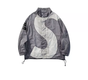 Men's Black White Color Blocking Windproof <b>Racer</b> <b>Jacket</b> Stand Collar Zipper Closure Patch Design Sporty Style Autumn Wear - Product Image 4