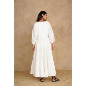 Robe longue en coton naturel à volants, col en V, manches courtes, avec poches, pour femme, style décontracté estival, tenue de villégiature - Product Image 4