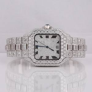 Montre cloutée à diamants cultivés en laboratoire avec deux pierres au design unique Hip Hop en acier inoxydable rond et taille baguette avec clarté VVS - Product Image 1