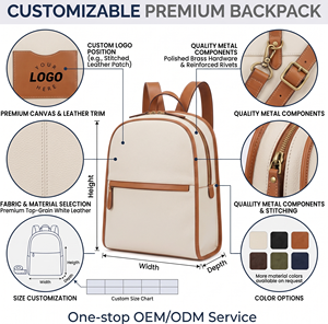 Sac à dos en cuir vegan beige minimaliste professionnel, style urbain vintage, avec finitions marron, pour ordinateur portable et bureau - Product Image 2