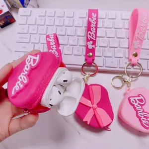 Kawaii Love Pink dompet koin gantungan kunci Barbie Airpods Earphone casing pelindung gantungan kunci hati