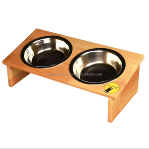 จานให้อาหารสุนัข/แมวแบบคู่พร้อมชามสแตนเลสแบบตั้งทำจากไม้ยกระดับสินค้าสัตว์เลี้ยงแบบพิเศษ - Product Image 4