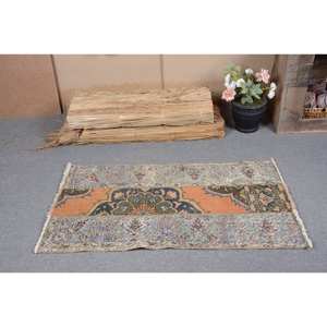 Classic Orange Green Vintage Turkish Rug 2.1x3.8ft Handmade Patchwork Design Wool Viscose Material Latex Backing for Living Room - Product Image 5