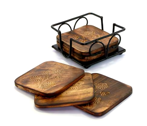 Square Wooden <b>Coaster</b> <b>Set</b> <b>with</b> Metal <b>Holder</b> Floral Engraved Drink Mats for Coffee Table Kitchen or Dining Use - Product Image 1