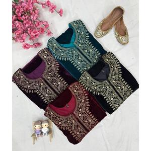 ชุดสัลวาร์คามีซกำมะหยี่สำหรับผู้หญิง ดีไซน์หรูหรา ปักลายบริเวณคอเสื้อด้วยดิ้นทอง งานปักประณีต ความยาวระดับเข่า ใส่ได้ทุกฤดู แห้งเร็ว ขายส่ง - Product Image 6