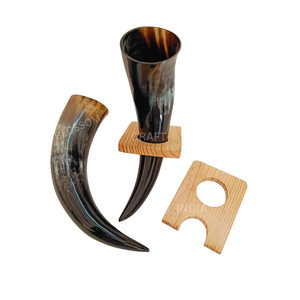 Corne à boire complète avec support en bois, design authentique, qualité supérieure, cadeau idéal, accessoire de fête et de célébration - Product Image 2