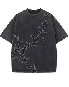 T-shirt unisexe en coton noir délavé surdimensionné, imprimé abstrait de pointes, délavage acide, épaules tombantes, streetwear, décontracté, pour l'été - Product Image 1