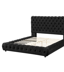 Cama Queen Contemporánea de 1 Pieza con Cabecera y Piecera Ajustables, Estilo Europeo, Tapizada en Negro, Muebles de Madera para Dormitorio - Product Image 3