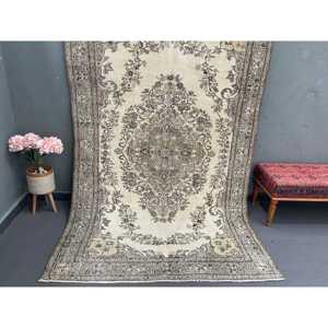 Vintage Turkish Rug, 5.4x8.6 ft Rug, <b>Brown</b> Gray Plants & trees <b>Wool</b> Rug - Product Image 1