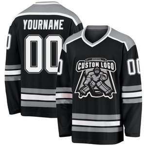 Maillot de hockey sur glace personnalisé, uniforme d'équipe professionnelle, noir, gris, blanc, rouge, jaune, rayé, nom et numéro personnalisés, sport athlétique - Product Image 1
