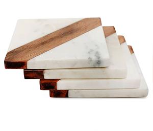 <b>White</b> Marble and Wooden <b>Coasters</b> Set of 4 Natural Wood and Marble Mango <b>coaster</b> Made in India - Product Image 2