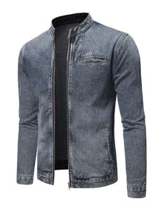 แจ็คเก็ตยีนส์ผู้ชายทรงสลิมฟิต พรีเมียม สไตล์วินเทจ สีน้ำเงินฟอก ทรงบอมเบอร์ ลำลอง ใส่เที่ยวกลางแจ้ง ซิปเต็มตัว สตรีทแวร์ - Product Image 3
