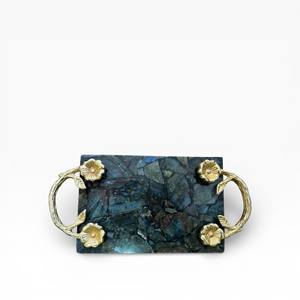 Rectangular Dark Blue Labradorite Stone <b>Serving</b> <b>Tray</b> with Floral <b>Gold</b> Metal Handles and Iridescent Crystal Texture - Product Image 1