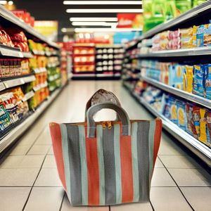 Mini bolsas de compras de PP tejidas de plástico de polipropileno reciclado sostenible y respetuosas con el medio ambiente, nailon a rayas, pedido a granel de la India - Product Image 1