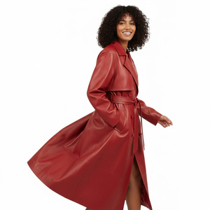 Manteau trench en cuir pour femmes, fournisseur d'usine OEM, vente en gros, sur mesure, long, vêtement d'extérieur tendance, double boutonnage, ceinture en coton - Product Image 6