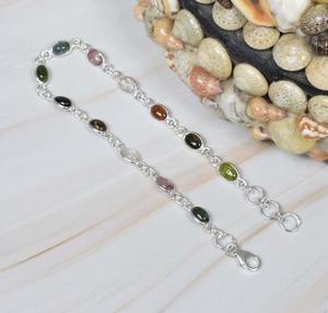Cadeau pour anniversaire Multi Tourmaline Naturelle Pierre précieuse en argent sterling 925 Bracelet ajustable fait main Pierre de naissance d'octobre - Product Image 4