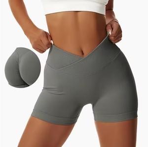 Short d'entraînement d'été pour femmes vêtements athlétiques bouton avant croix taille côtelée sans couture Scrunch bout à bout Nylon Spandex Yoga Shorts - Product Image 1