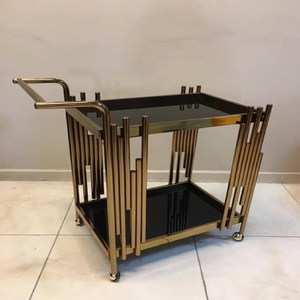 Chariot de service à deux niveaux, or poli et conception d'incrustation de bois. Bar élégant à la maison. Disponible au prix de gros. - Product Image 6