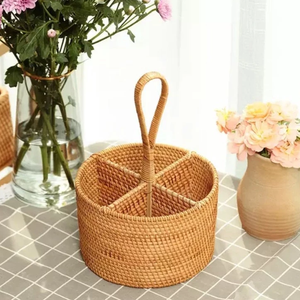 Handwoven Round Rattan Utensil Caddy <b>Basket</b> - Natural Flatware & <b>Kitchen</b> Utensil Holder - Made in Vietnam - Product Image 4