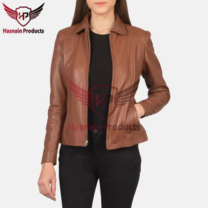 <b>Womens</b> Real Brown Leather <b>Jacket</b> <b>Shirt</b> Collar Sheepskin Coat Central Zipper Front Side Pockets Tailored Fit Custom Warm Outwear - Product Image 4