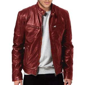 Veste en cuir pour homme, coupe ajustée, à fermeture éclair, manches longues, avec empiècements, col montant, style décontracté, pour l'automne - Product Image 1