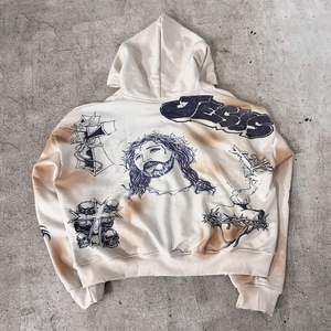 Eco-Friendly Vintage Winter Custom Rhinestone Printed 100% Cotton Heavy Weight Fleece Regular Fit Distressed Acid Wash Men's - Product Image 2
