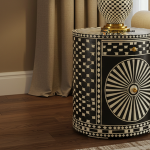 Table de chevet moderne en os incrusté, faite à la main, écologique, avec accents floraux noir et blanc, pour chambre à coucher et salon - Product Image 5