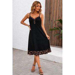 Vestido midi de viscosa con estampado de leopardo, cuello en V y tirantes finos para mujer, 34612 - Negro - Product Image 3
