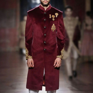 2022 à la mode Zari broderie Sherwani velours tissu XL Plus Sherwani costume fermeture éclair comprend un pantalon en soie correspondant mariage/robe chaussure - Product Image 1