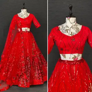 No controlará su amor por la moda usando este vestido informal de red de lentejuelas Rojas lehenga choli