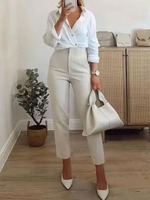 Pantalon taille haute uni pour femme, pantalon décontracté basique à chevilles avec poches, fermeture éclair, pantalon de bureau, pantalones mujer
