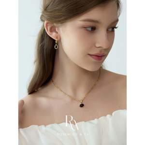 Orecchini Pendenti in Onice Naturale, Cerchi in Agata Nera Placcati Oro 18K, Orecchini a Cerchio Delicati Anti-ossidazione, Collana con Ciondolo alla Moda, Regalo - Product Image 4