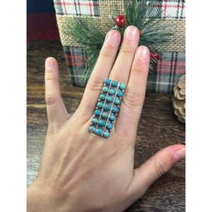 Navajo-Made <b>Statement</b> <b>Ring</b> with Kingman Turquoise & Sterling <b>Silver</b> Cluster Bezel Setting Size 8.75 for Everyday Wear - Product Image 2