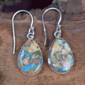 Boucles d'oreilles pour femmes en argent sterling 925 véritable, faites à la main, motif de paix solide avec lunette turquoise d'huître épineuse. - Product Image 2