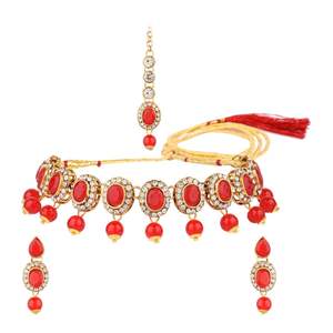 Indian Jewelry Choker Kundan <b>Crystal</b> <b>Necklace</b> Earrings Maang Tikka Head Chain Bollywood Wedding Bridal Set - Product Image 1