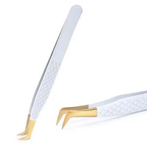 Pinzas Profesionales para Extensión de Pestañas en Forma de L, Color Dorado y Blanco, Herramientas Curvas para Pestañas para Uso en Salón - Product Image 2
