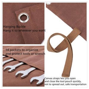 High Quality Handmade Waxed <b>Canvas</b> Wrench <b>Roll</b> 14 Pocket Heavy Duty Water Resistant Tool Organizer Hanging Grommets Wrap OEM ODM - Product Image 4