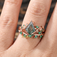 Ensemble de bagues de luxe en agate mousse taille cerf-volant, or massif 18 carats, avec feuille d'émeraude et motif vigne, bague de fiançailles, bijoux fins d'inspiration naturelle