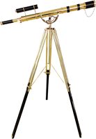 Télescope nautique en laiton vintage à double baril, debout au sol, finition en laiton brillant, cuir noir, demi-lune, artisanat en métal antique