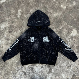 High Quality Manufacturer Sun Faded Zipper French Terry Streetwear Women Men Boxy Fit Rhinestone Hoodie <b>Zip</b> <b>Ups</b> - Product Image 1
