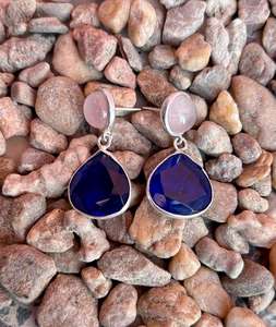 Saphir bleu en argent sterling 925 avec boucle d'oreille à la main en quartz rose Belle boucle d'oreille pour femme Belle boucle d'oreille en pierre bleue. - Product Image 2