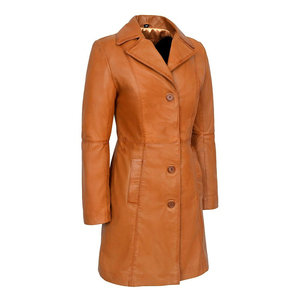 Abrigo de Cuero Tipo Gabardina para Mujer, Piel de Oveja Genuina, Color Marrón, Abrigo Largo de Invierno - Product Image 1