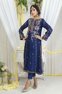 2024 Party Wear Navy Kurta & <b>Pant</b> Dress with Stylish Embroidery Crystal Glass Beads Pearls Dabka Work Lace/Button Decoration - Product Image 2