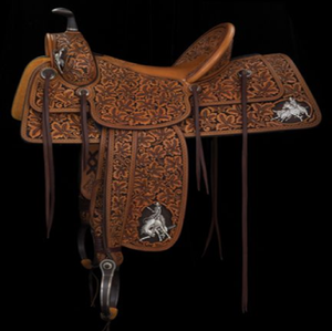 Sillín de cuero marrón con un patrón de tejido de cesta en el asiento, un asiento acolchado y Conchos plateados, a precios al por mayor. - Product Image 4